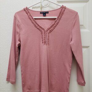 American Living Rose Pink 3/4 Sleeve V Neck Jersey Knit Top Size M ruffle accent